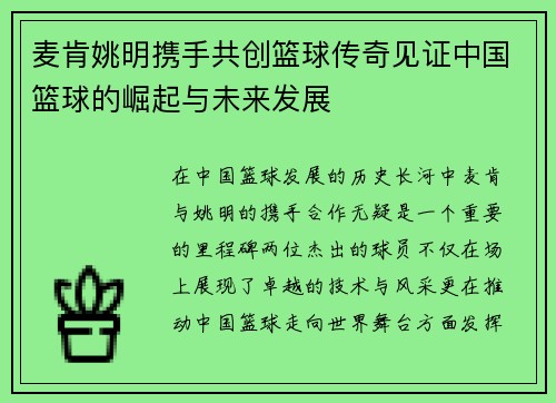 麦肯姚明携手共创篮球传奇见证中国篮球的崛起与未来发展