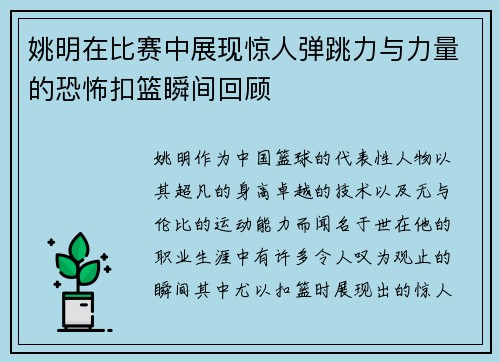 姚明在比赛中展现惊人弹跳力与力量的恐怖扣篮瞬间回顾